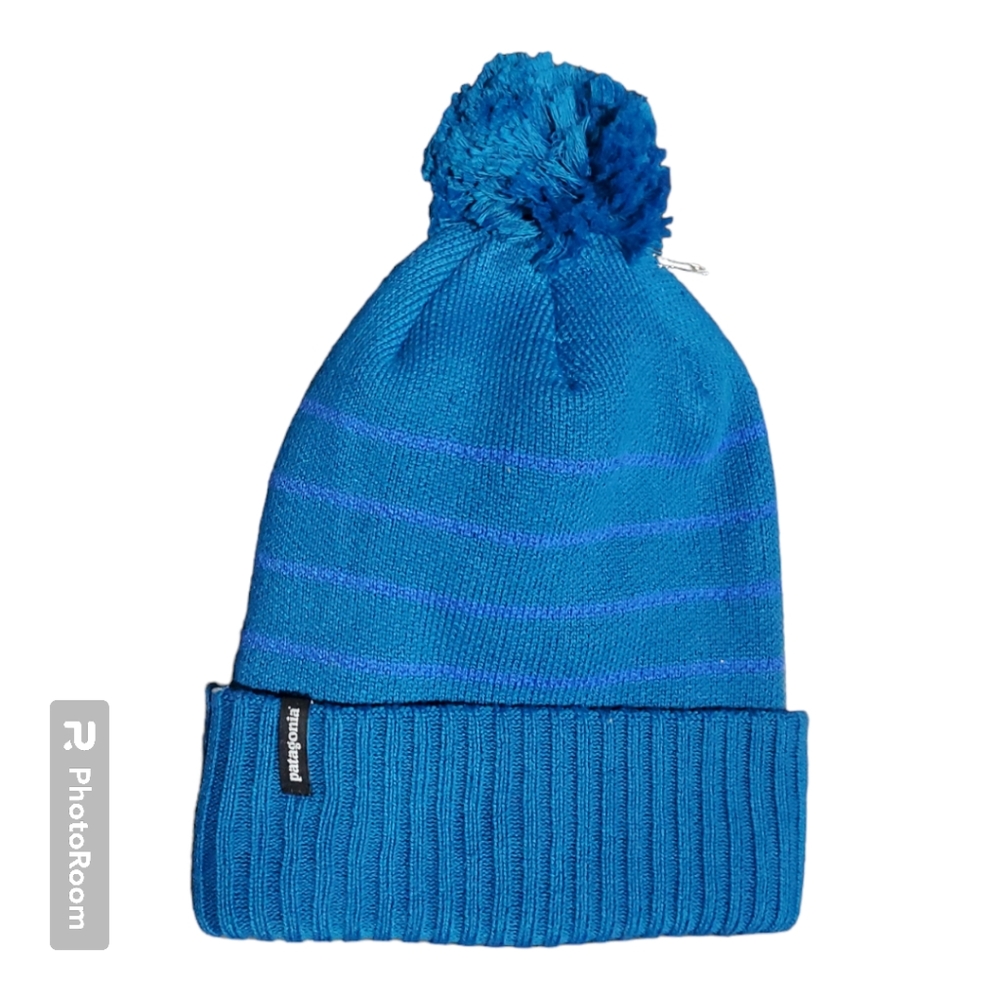 New Patagonia Powder Town Beanie Mens Teal Blue Striped Pom Pom Winter Hat OSFM